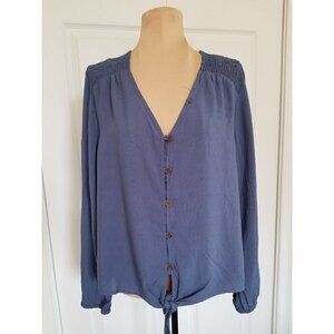 Cooper & Ella Womens Long Sleeve V Neck Crop Button Tie Top Vintage Blue Sz S
